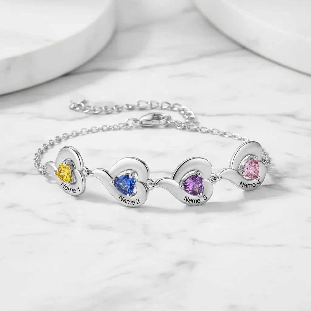 Personalised Heart Link Bracelet with Birthstones & Engraved Names for Family