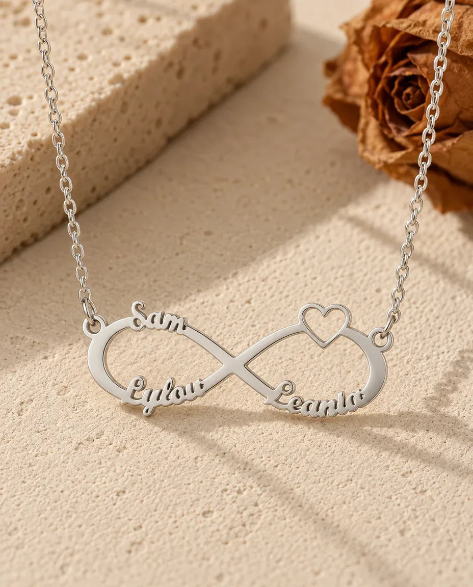 Personalised 3 Name Infinity Necklace - front view in silver