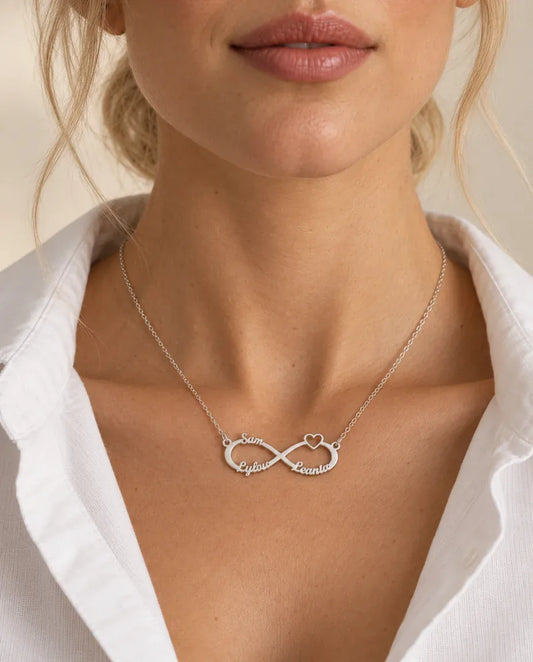 Personalised 3 Name Infinity Necklace - worn on a model