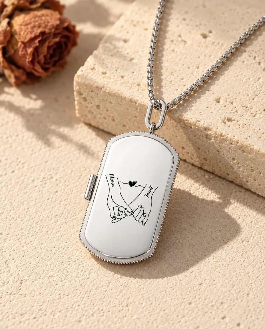 Personalised men's dog tag photo locket necklace in silver, engraved pinky promise design with two names