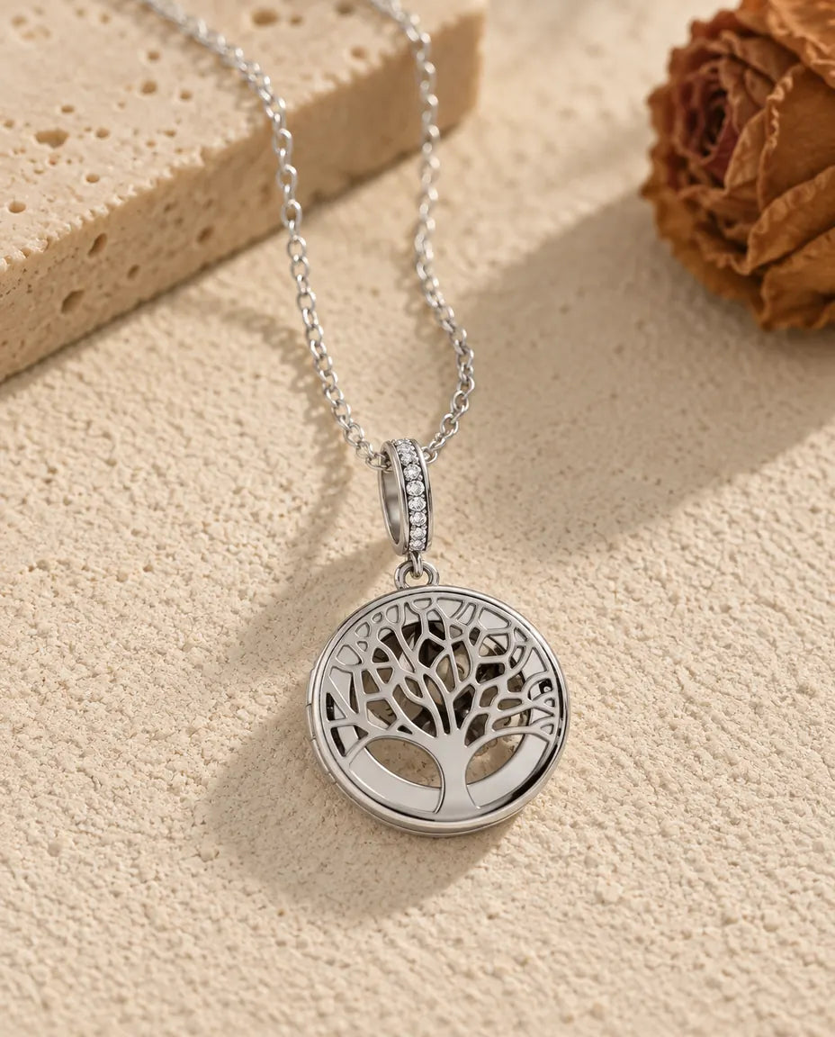 Personalised Tree of Life Photo Locket Necklace - front view in silver