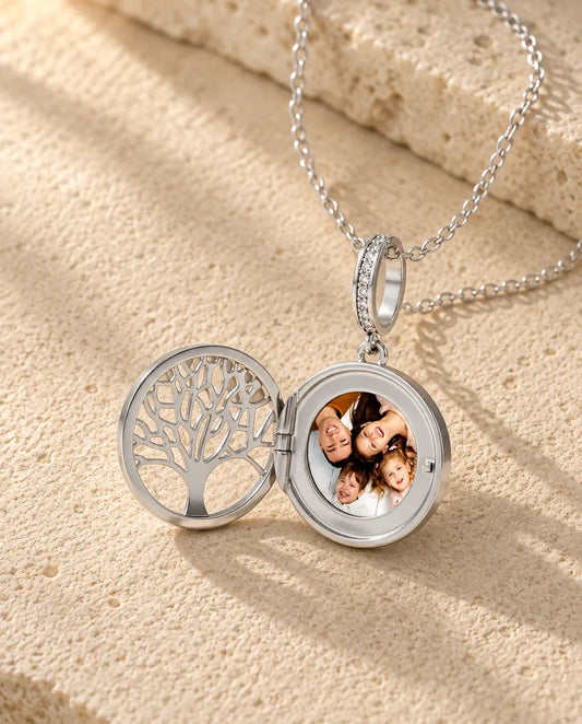 Personalised Tree of Life Photo Locket Necklace - open, showing the photo inside