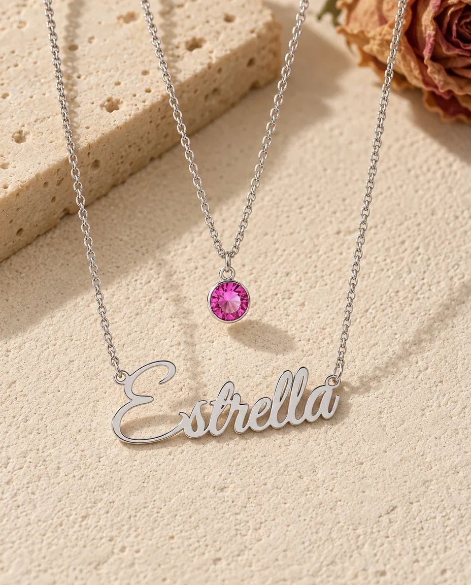 Personalised Birthstone Name Necklace Layered Set - front view in silver