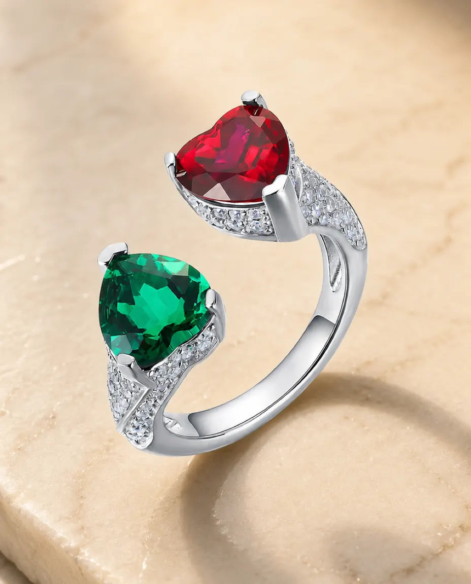 lab-created emerald and ruby toi-et-moi double-heart bypass ring in sterling silver, adjustable