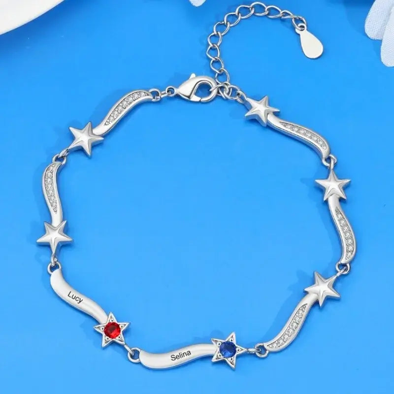 Star Charm Birthstone Bracelet with Personalised Engraved Name and Up to 7 Birthstones