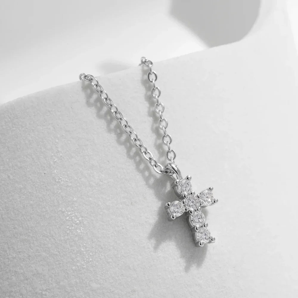 Sterling Silver Cross Necklace for Women - Silver Cross Pendant Moissanite Necklace