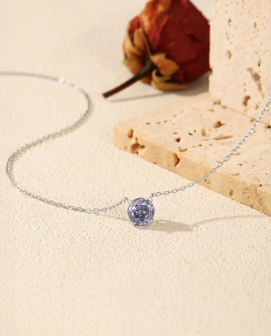 Round Tanzanite Colour Cubic Zirconia Necklace in 925 Sterling Silver - 6 mm or 8 mm Violet Blue Solitaire Pendant on a Fine Chain, Gift for Her