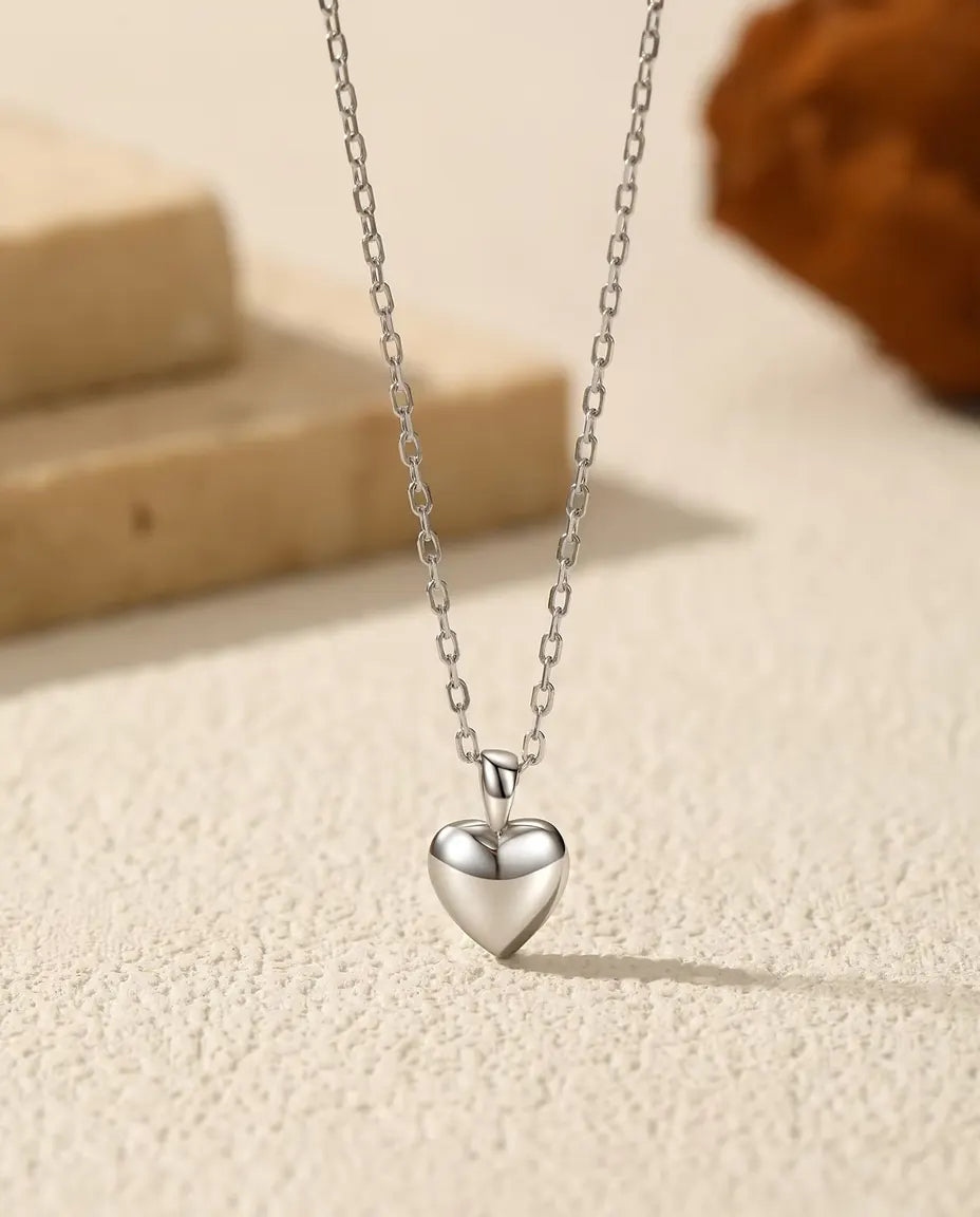 Tiny Heart Pendant Necklace - 6 mm Puffed Heart Charm in 925 Sterling Silver, Dainty Layering Chain 15.7-17.7 in