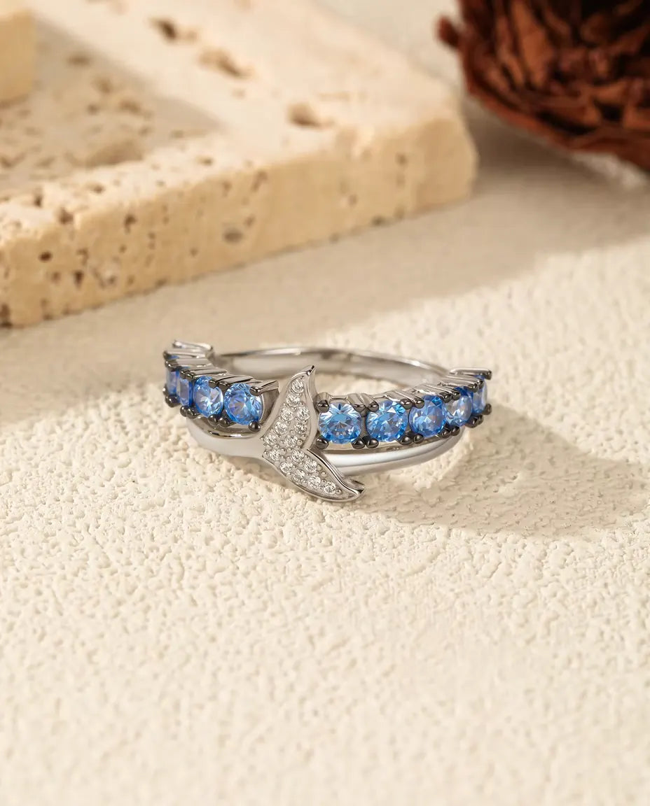 Whale Tail Ring for Women - Blue and White Zirconia Ocean Wave Band in 925 Sterling Silver, Sizes 5 to 9
