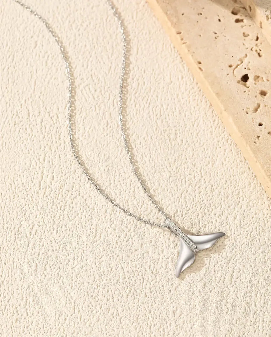 Whale Tail Pendant Necklace - Polished Silver Tail with Pave Set Bail, 925 Sterling Silver, 40 + 5 cm Chain