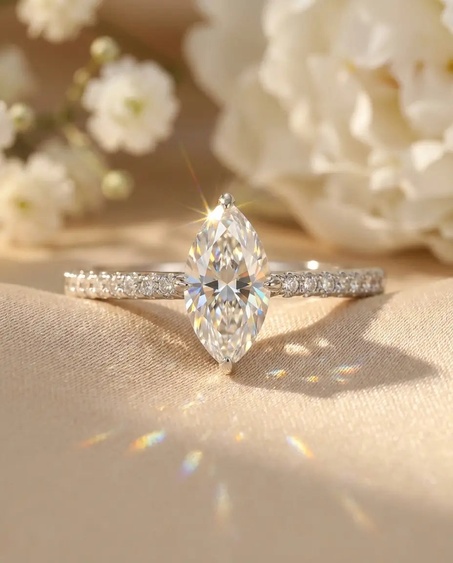 0.5ct Marquise Moissanite Ring - Dainty Pave Silver Engagement Ring - IfShe NZ