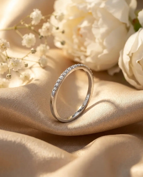 1.3mm Moissanite Pave Wedding Band - Dainty Sterling Silver Stacking Ring - IfShe NZ