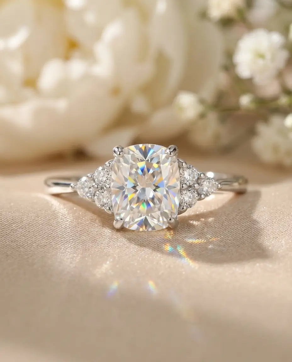 1ct Elongated Cushion Moissanite Engagement Ring - D Colour VVS1 Silver Cluster Ring - IfShe NZ