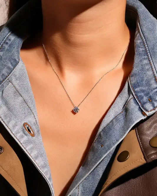 1 ct Moissanite Solitaire Necklace in 925 Sterling Silver - worn on a model, close-up at the collarbone