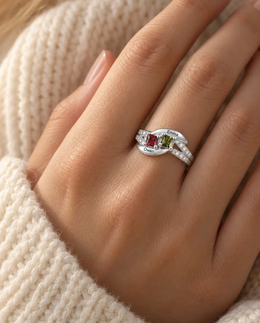 Personalised 2 Name Birthstone Ring - Sterling Silver Promise Ring for Couples or Mum With Two Engraved Names and Simulated Birthstones