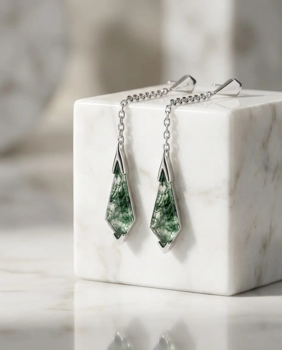 Elegant Kite-Shaped Moss Agate Chain Drop Earrings - Sterling Silver
