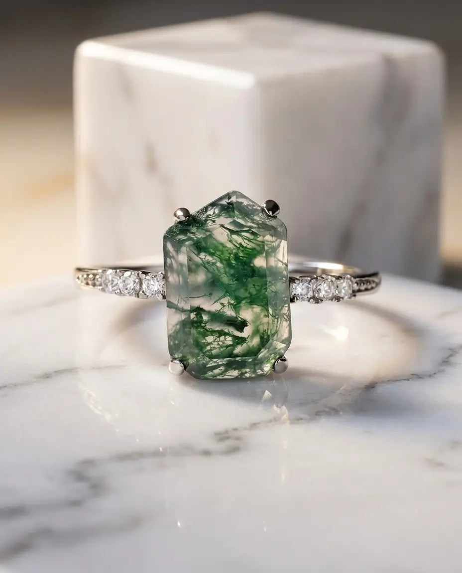 Emerald-Cut Moss Agate Adjustable Ring - White Gold Plated Open Band IfShe NZ