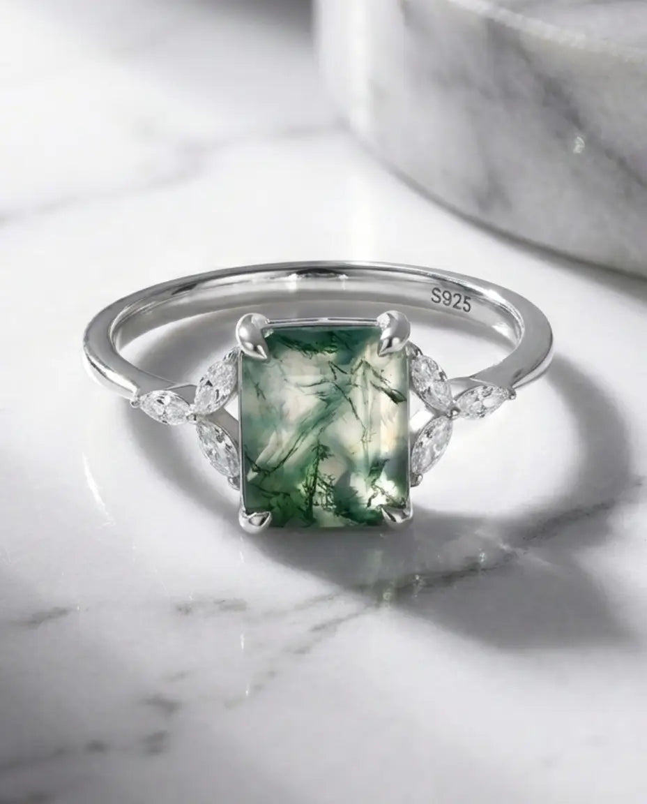 Emerald Cut Moss Agate Ring - Vintage Leaf Design in Sterling Silver IfShe NZ