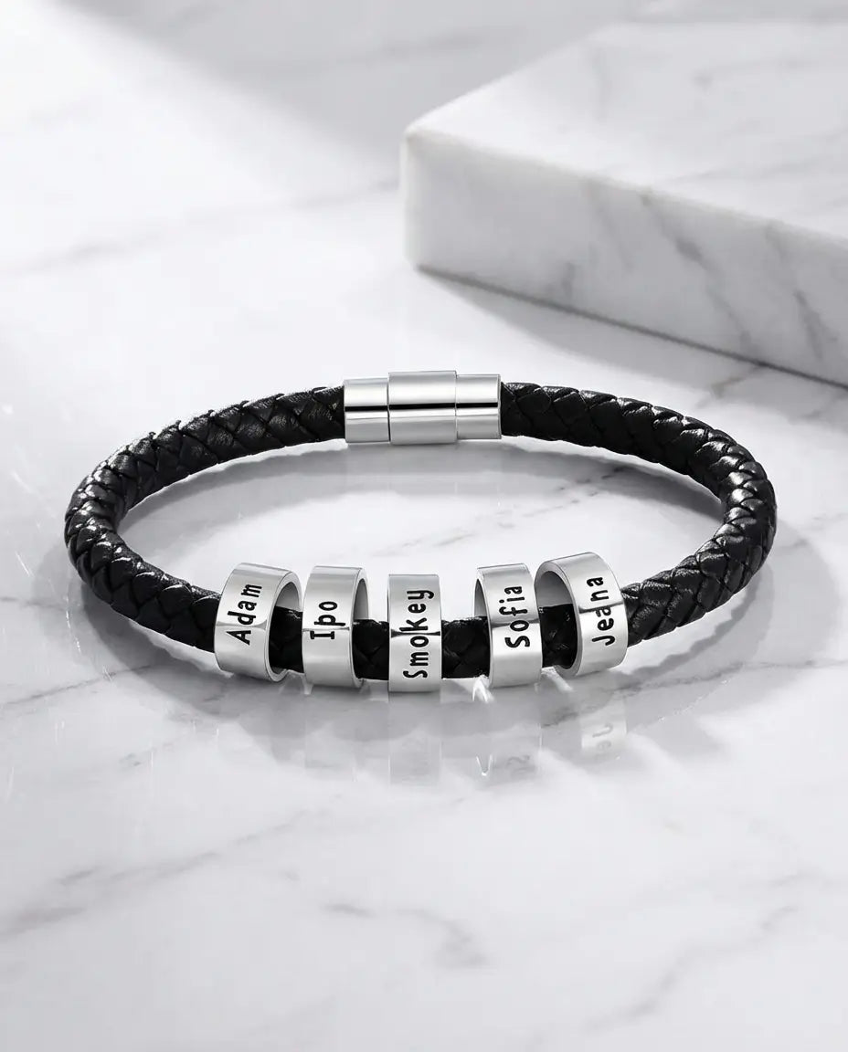Personalised Men's Braided Leather Bracelet with 1-5 Engraved 925 Sterling Silver Name Beads