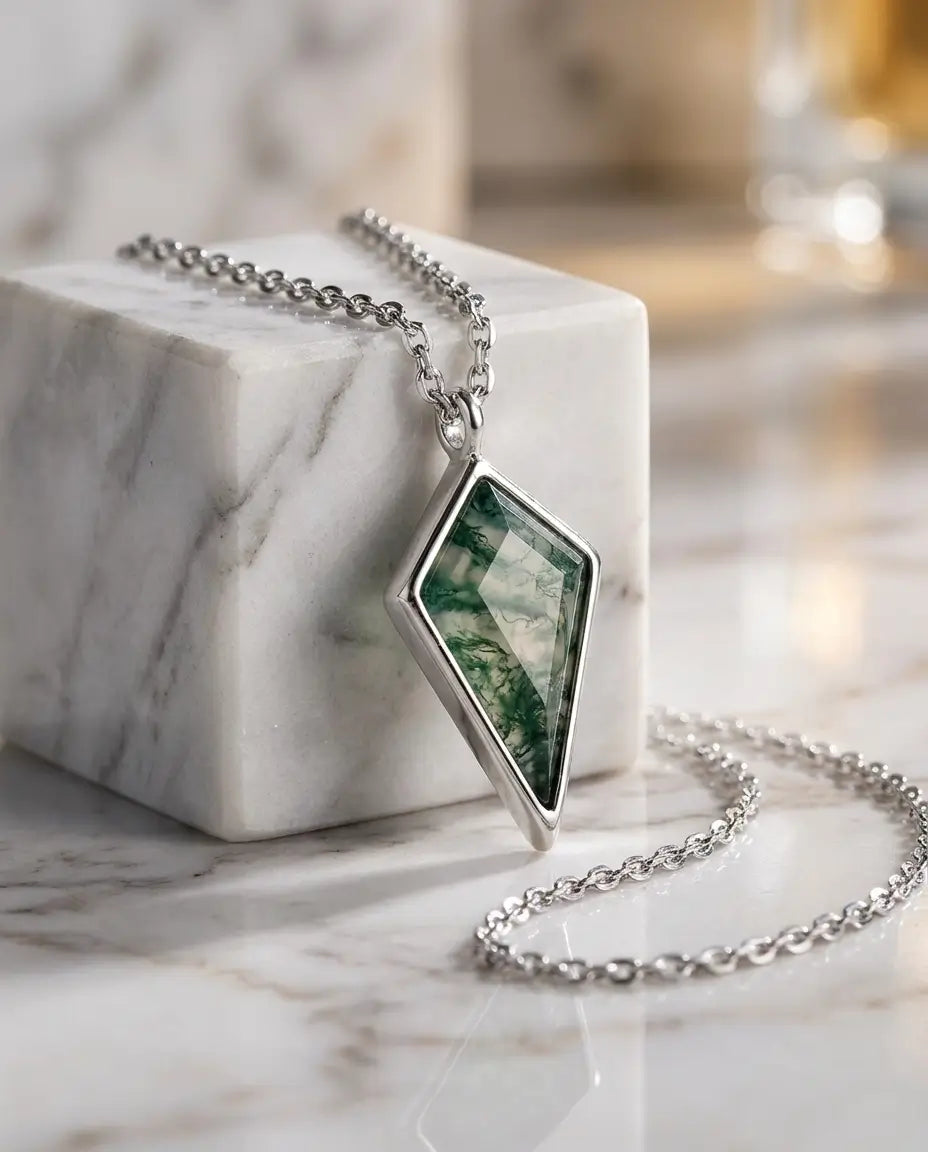 Geometric Kite Moss Agate Necklace - Sterling Silver Rhombus Pendant IfShe NZ