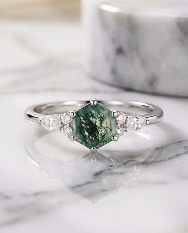 Hexagon Moss Agate Ring - Vintage Art Deco Design in Sterling Silver & Gold