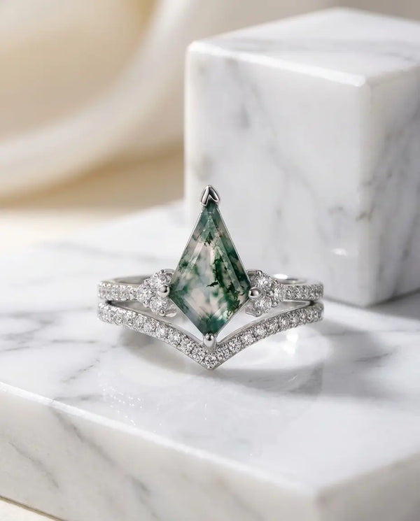 Kite-Cut Moss Agate Bridal Set - Chevron Stacking Ring in Silver or Gold IfShe NZ