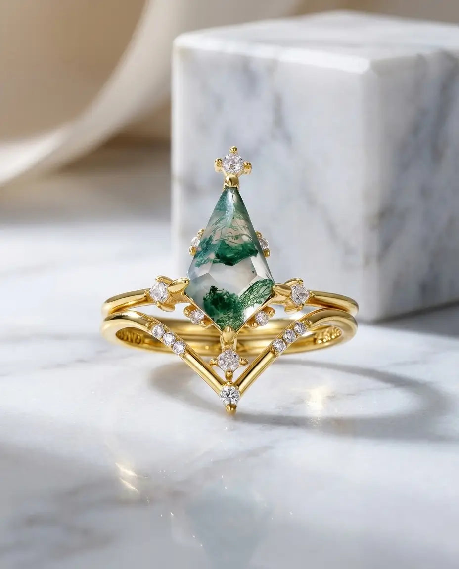 Kite-Cut Moss Agate Ring Set - Art Deco 10k Gold Plated Bridal Stack IfShe NZ