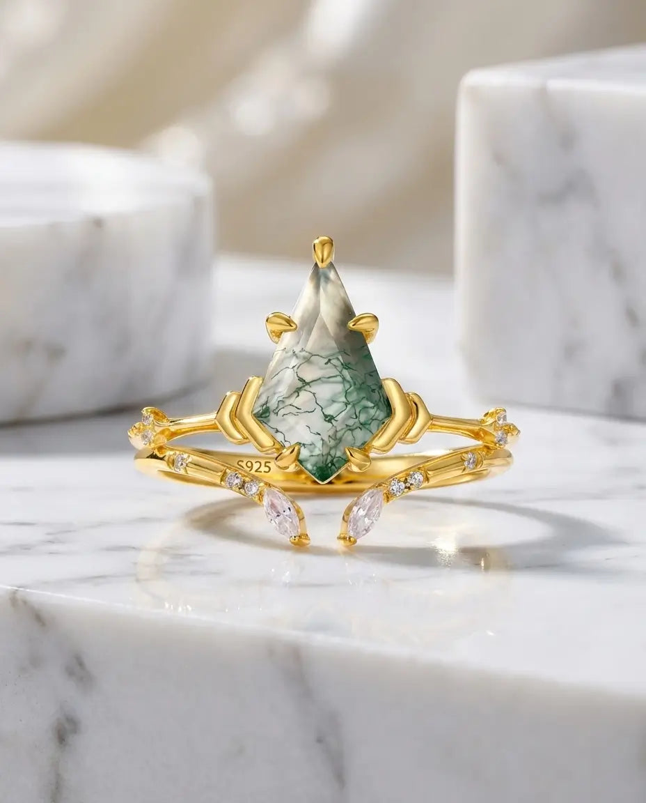 Kite-Cut Moss Agate Ring Set - Gold Plated Bridal Stack with Open Cuff Band IfShe NZ