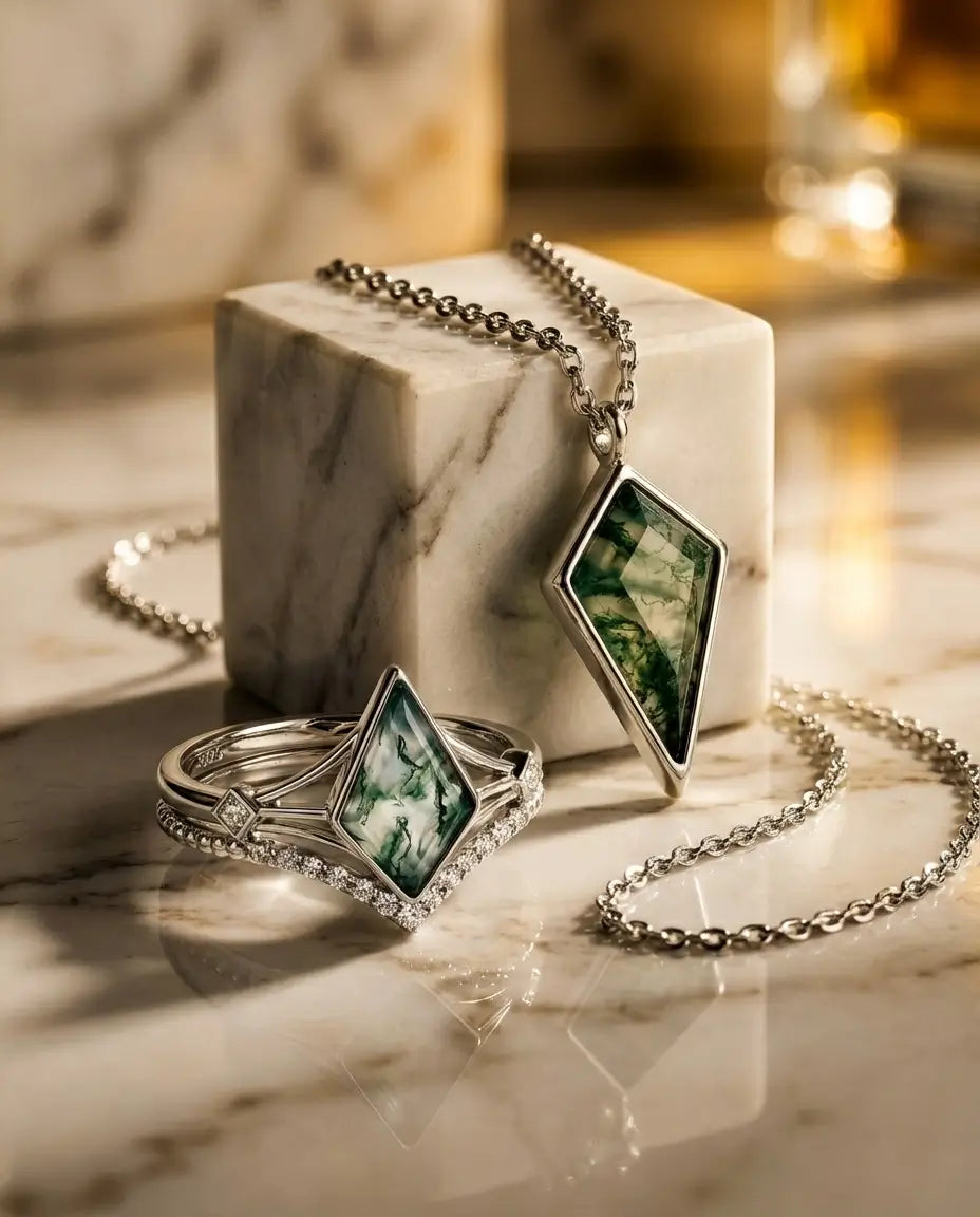 Kite Cut Moss Agate Jewellery Set - Vintage Sterling Silver Ring & Necklace Bundle IfShe NZ