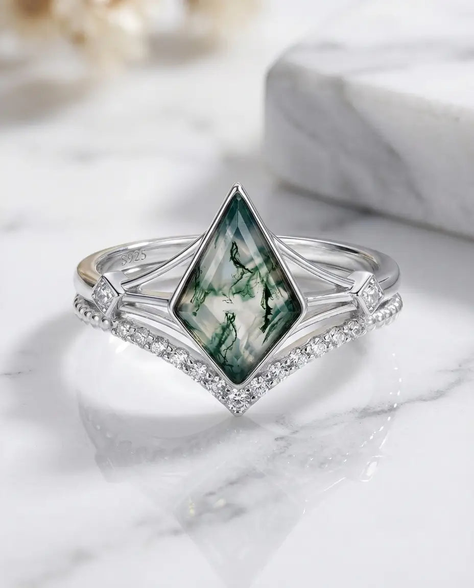 Kite Moss Agate Ring Set - Vintage Style Sterling Silver Bridal Stack IfShe NZ