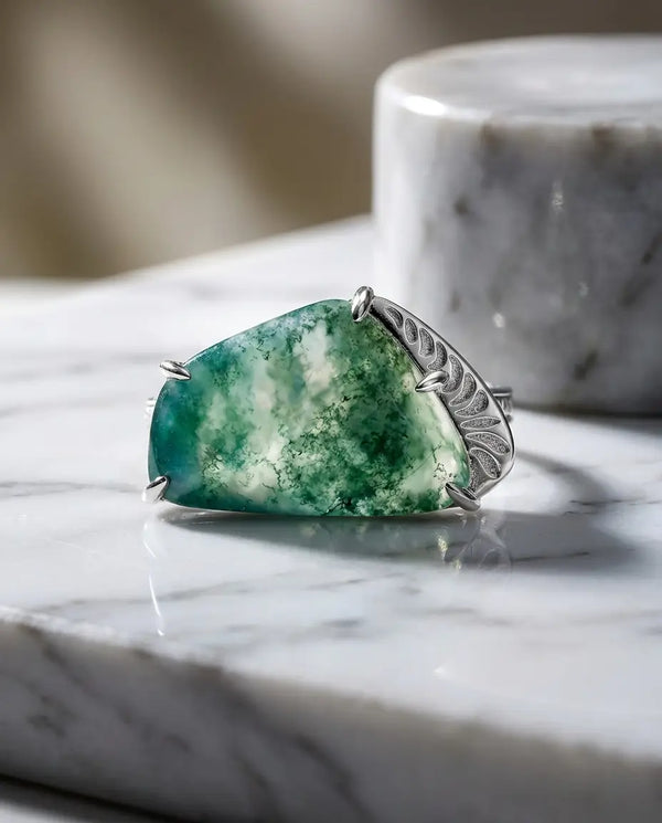 IfShe Natural Moss Agate Ring – 925 Sterling Silver White Gold–Plated-IfShe-NZ