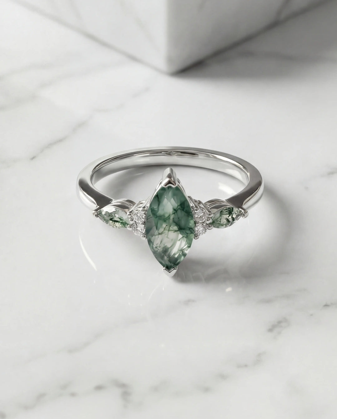 Marquise Moss Agate Ring - Sterling Silver Nature Leaf Band IfShe NZ