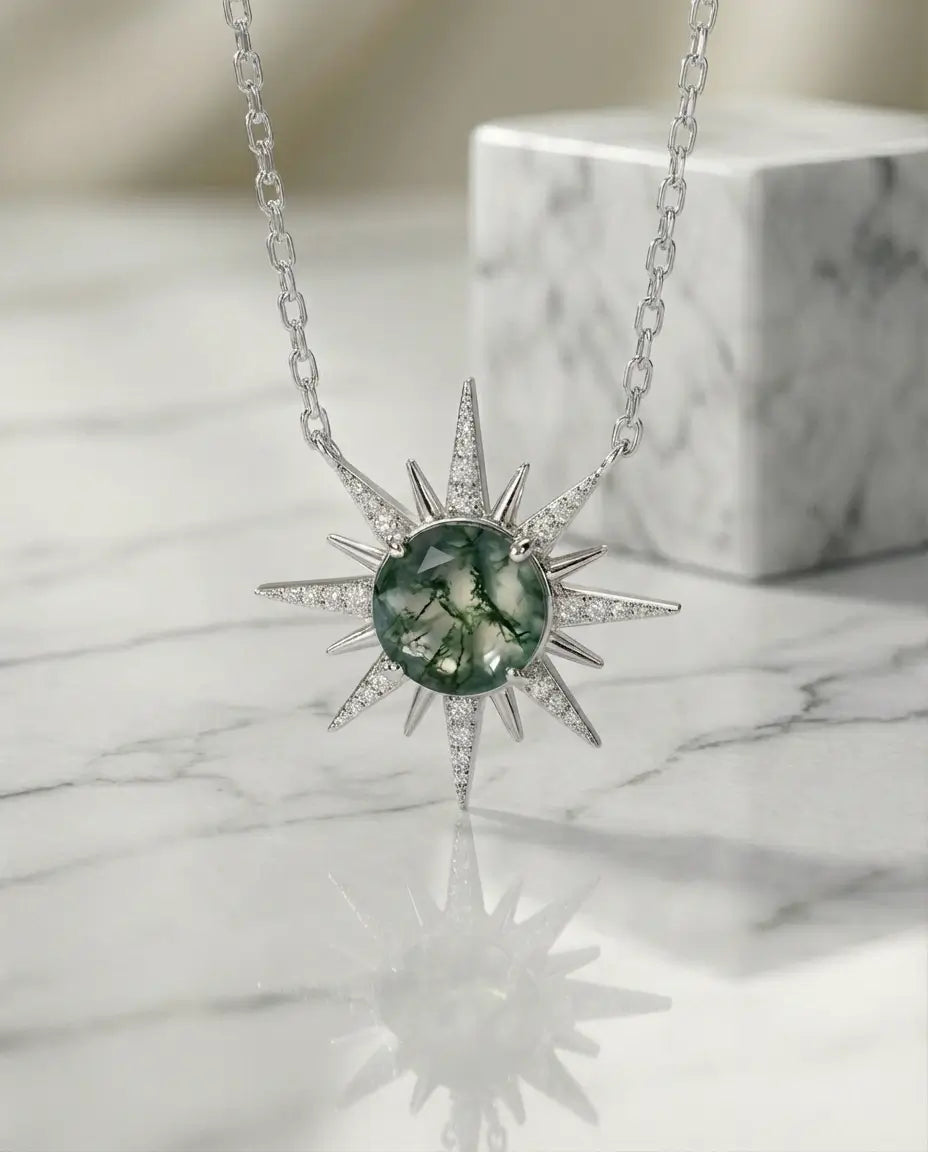 Moss Agate North Star Necklace - Sterling Silver Celestial Pendant IfShe NZ