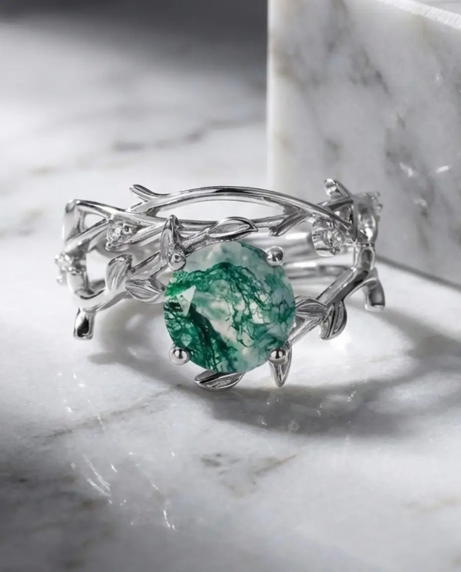Nature-Inspired Moss Agate Ring Set - Adjustable Twig Design in Sterling Silver IfShe NZ