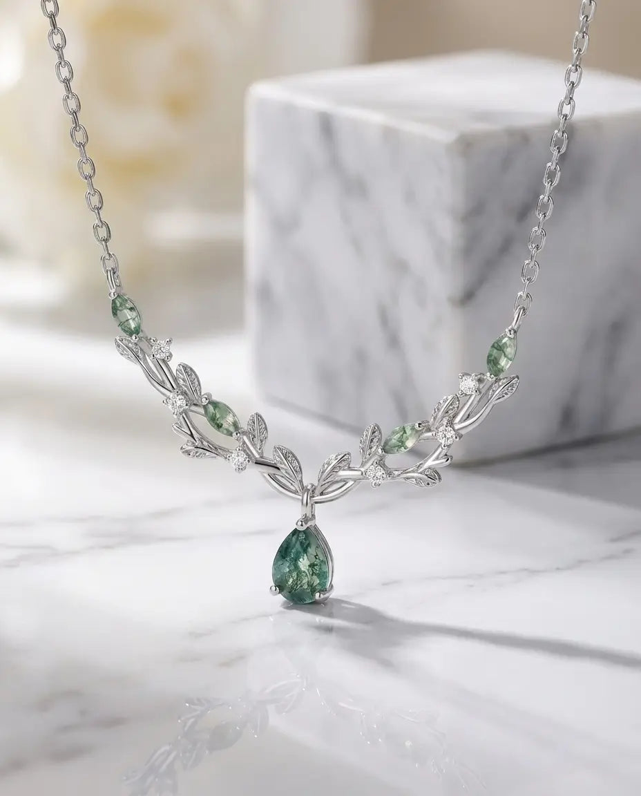 Nature-Inspired Pear Cut Moss Agate Necklace - Silver Vine & Leaf Pendant IfShe NZ