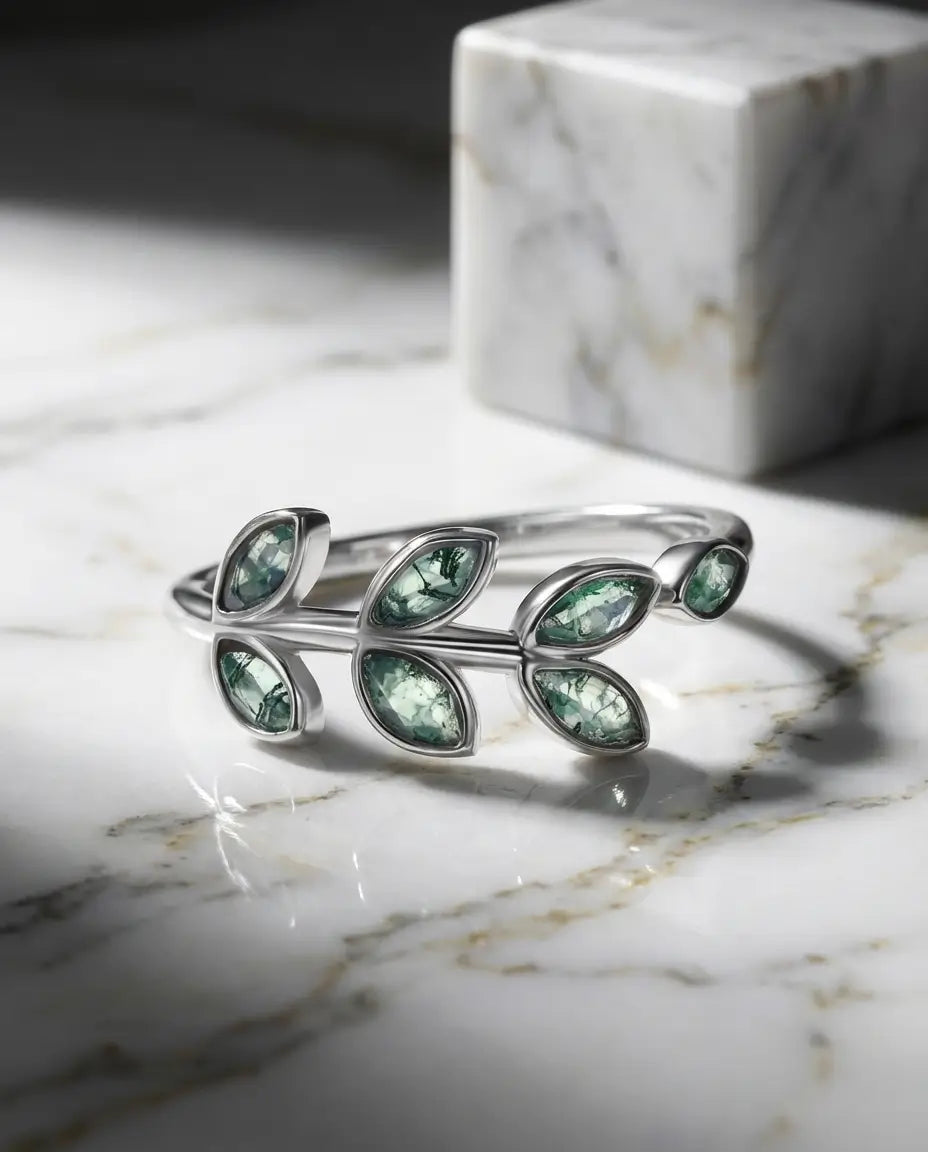 Olive Branch Moss Agate Ring - Adjustable Silver Leaf Design IfShe NZ