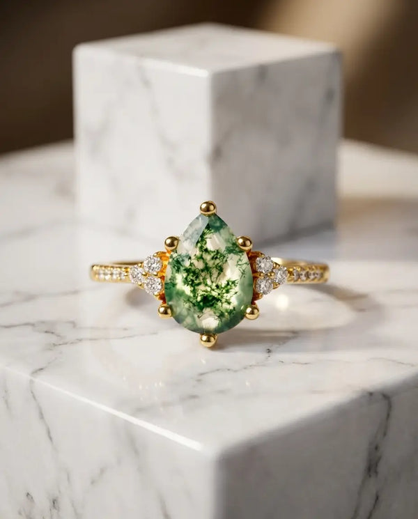 Pear-Shaped Moss Agate Ring - Pave Shoulder Teardrop Design in Silver or Gold IfShe NZ