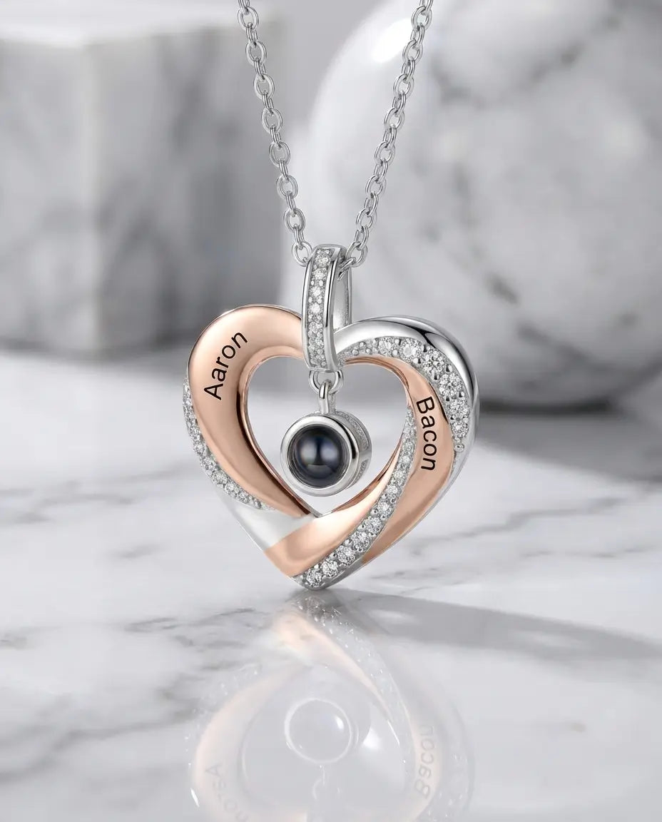 Personalised Engraved Heart Photo Projection Necklace - Two-Tone Name Pendant IfShe NZ