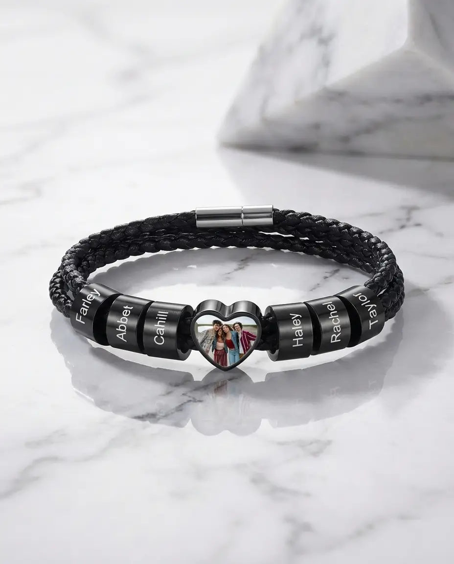 Personalised Men's Heart Photo Bracelet with Engraved Family Beads IfShe NZ