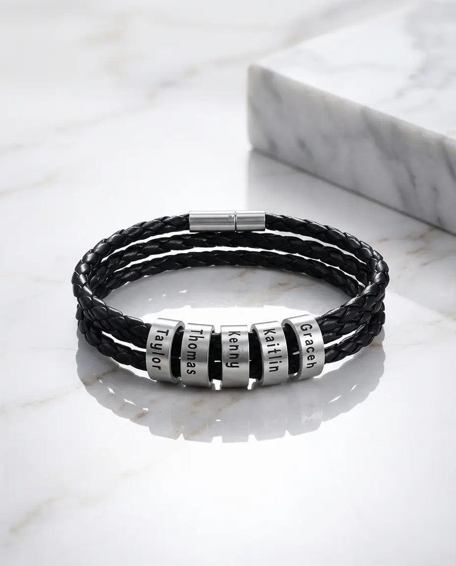 Personalised Men's Leather Bracelet with Engraved Name Beads IfShe NZ
