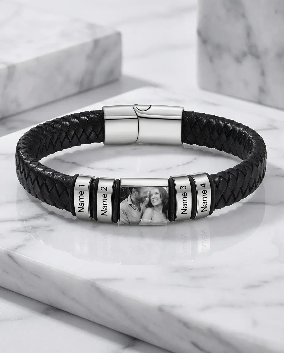 Personalised Men's Leather Bracelet with Photo Charm & Name Beads IfShe NZ