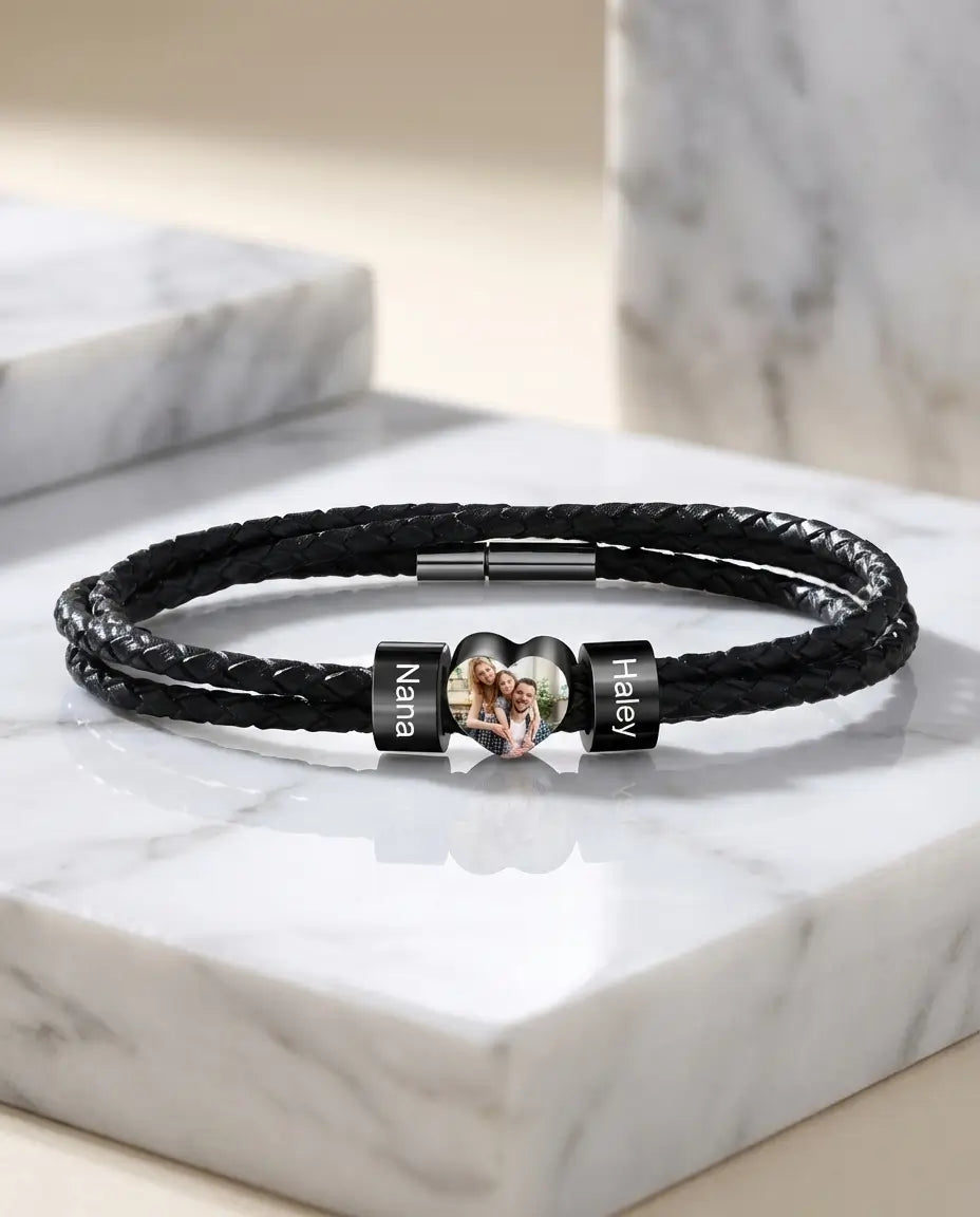 Personalised Men's Leather Bracelet with Photo Heart & 2 Engraved Beads IfShe NZ