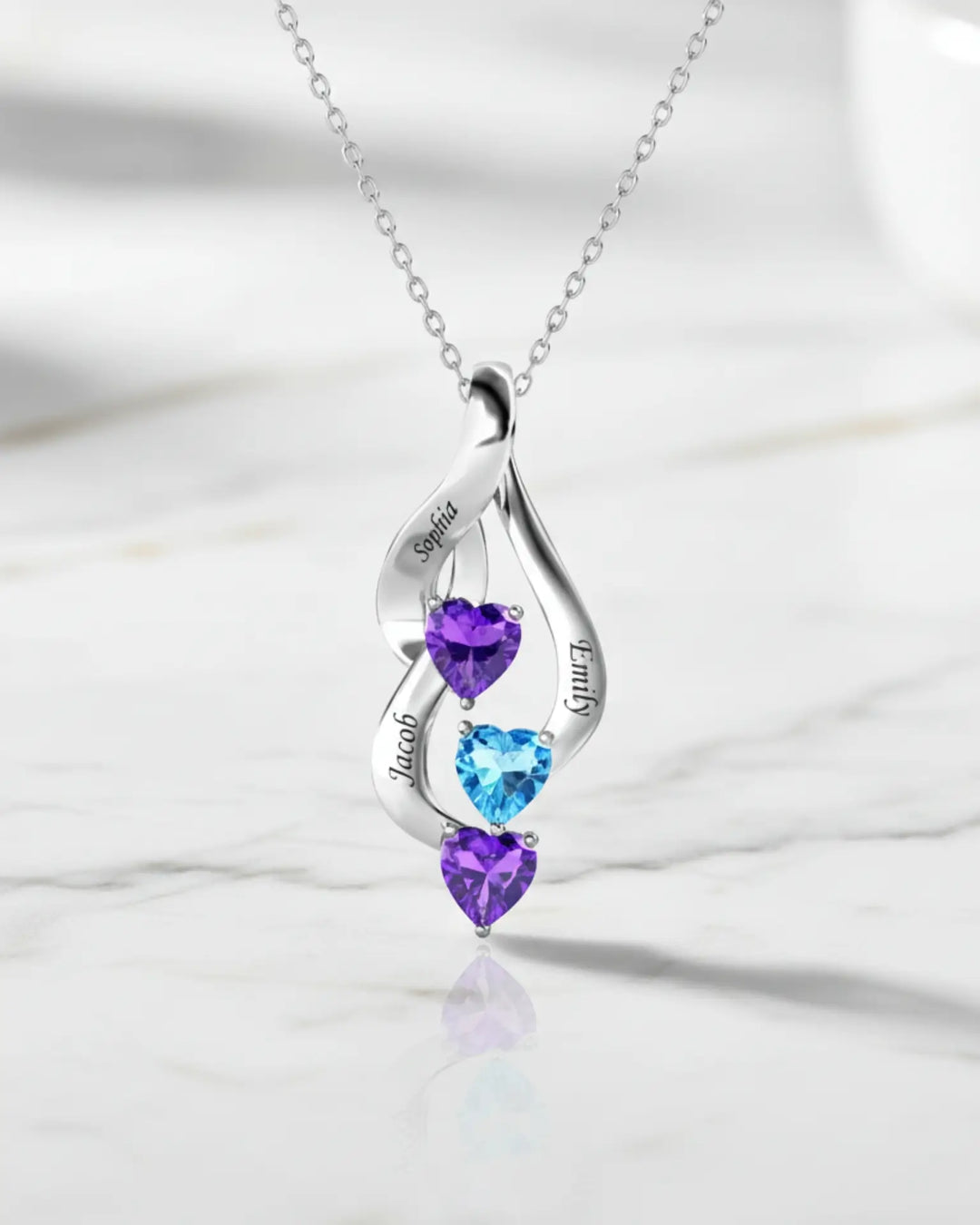 Sterling Silver Personalised Mum Necklace with 3 Engraved Names & Heart Birthstones IfShe NZ