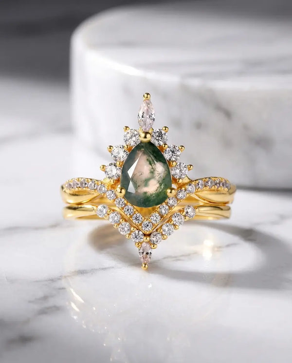 Vintage Pear Moss Agate Bridal Set - Sunburst Crown Ring with Nesting Band IfShe NZ