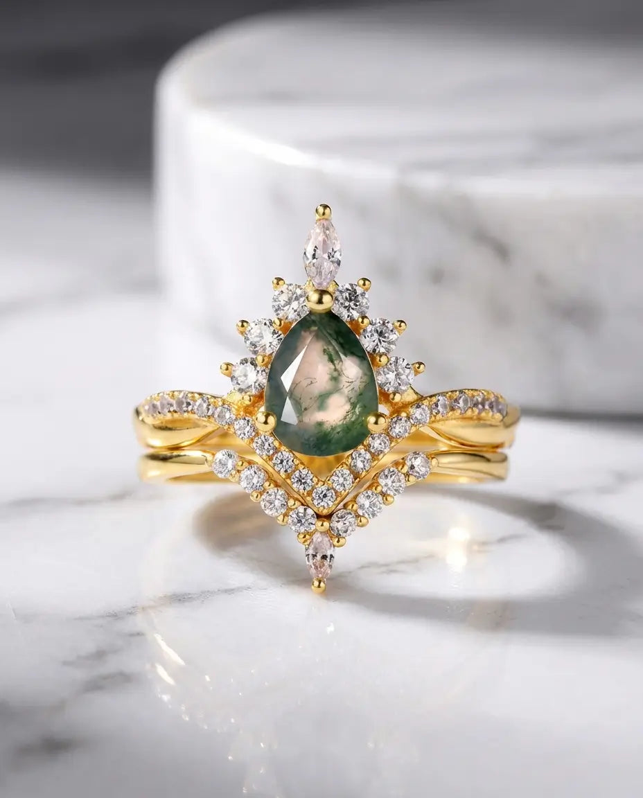 Vintage Pear Moss Agate Bridal Set - Sunburst Crown Ring with Nesting Band IfShe NZ