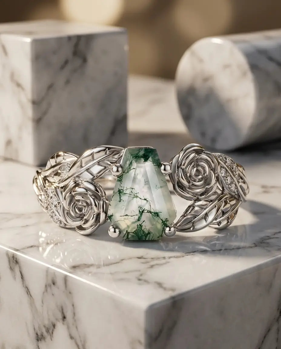 Vintage Coffin Cut Moss Agate Ring - Sterling Silver Rose & Leaf Design IfShe NZ