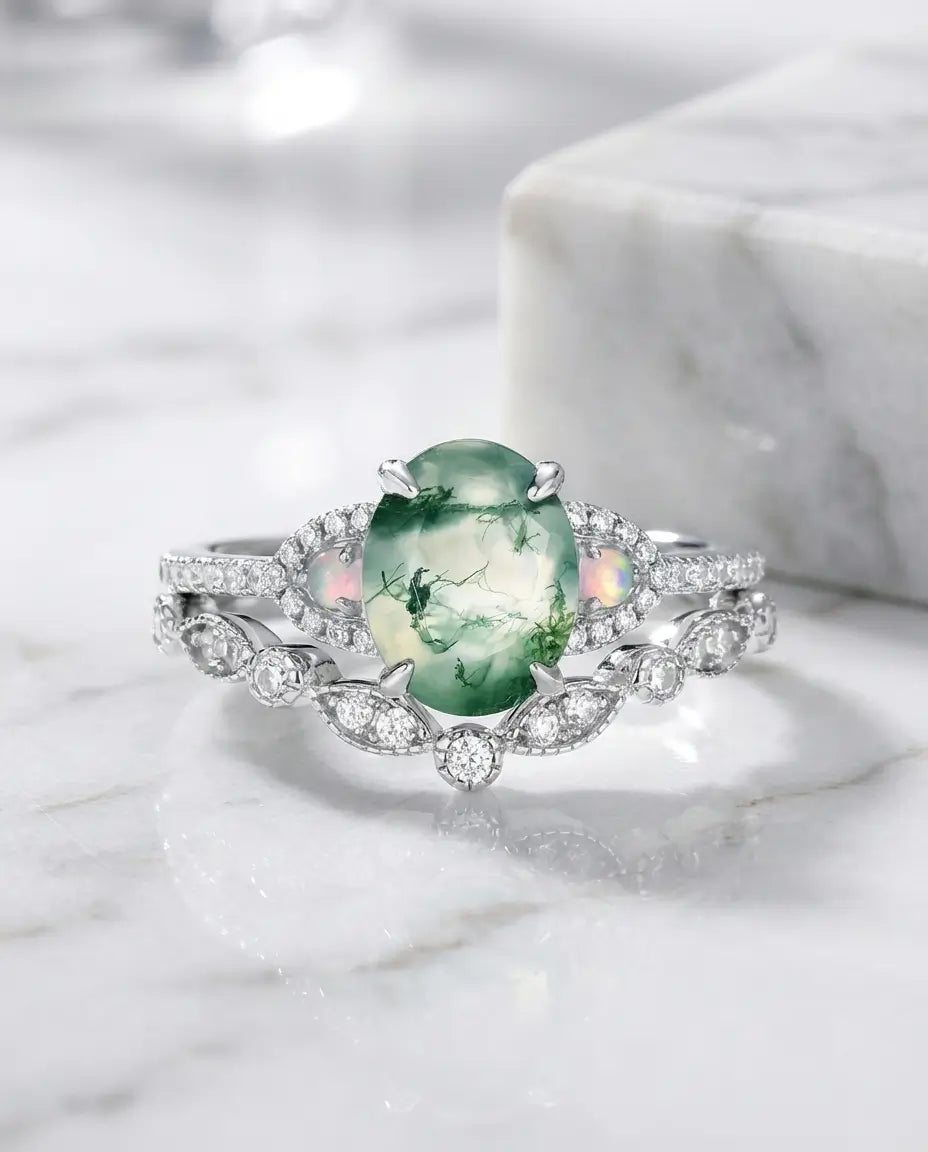 Vintage Oval Moss Agate & Opal Bridal Ring Set - Sterling Silver IfShe NZ