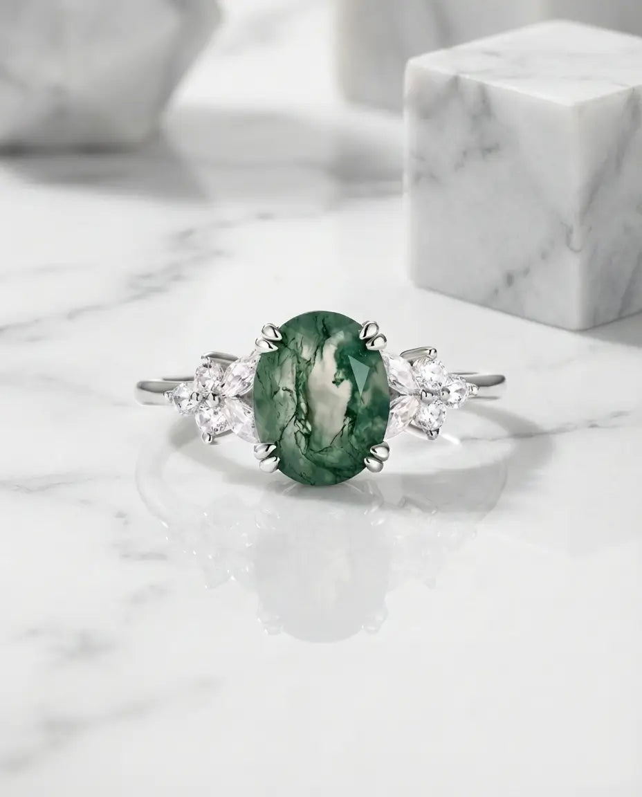Vintage Style Oval Moss Agate Ring - Sterling Silver Nature-Inspired Band IfShe NZ