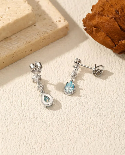 Aqua Blue Moissanite Drop Earrings - 0.50 ct 4 x 6 mm Pear Stone per Earring with Cubic Zirconia Accents, 925 Sterling Silver