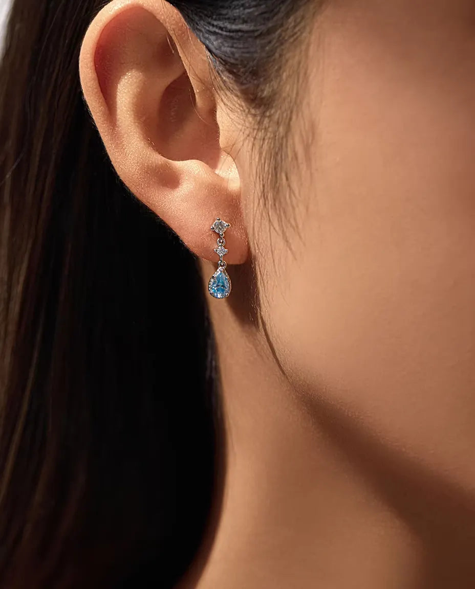 Aqua Blue Moissanite Drop Earrings - 0.50 ct 4 x 6 mm Pear Stone per Earring with Cubic Zirconia Accents, 925 Sterling Silver